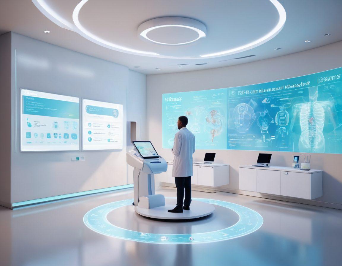 A futuristic healthcare environment where a patient interacts with a doctor via a holographic telemedicine interface, surrounded by elements representing wellness programs like fitness tracking, nutrition guides, and mental health resources. The scene conveys a harmonious blend of technology and holistic care, with bright, soothing colors to evoke a sense of well-being. super-realistic. vibrant colors. white background.