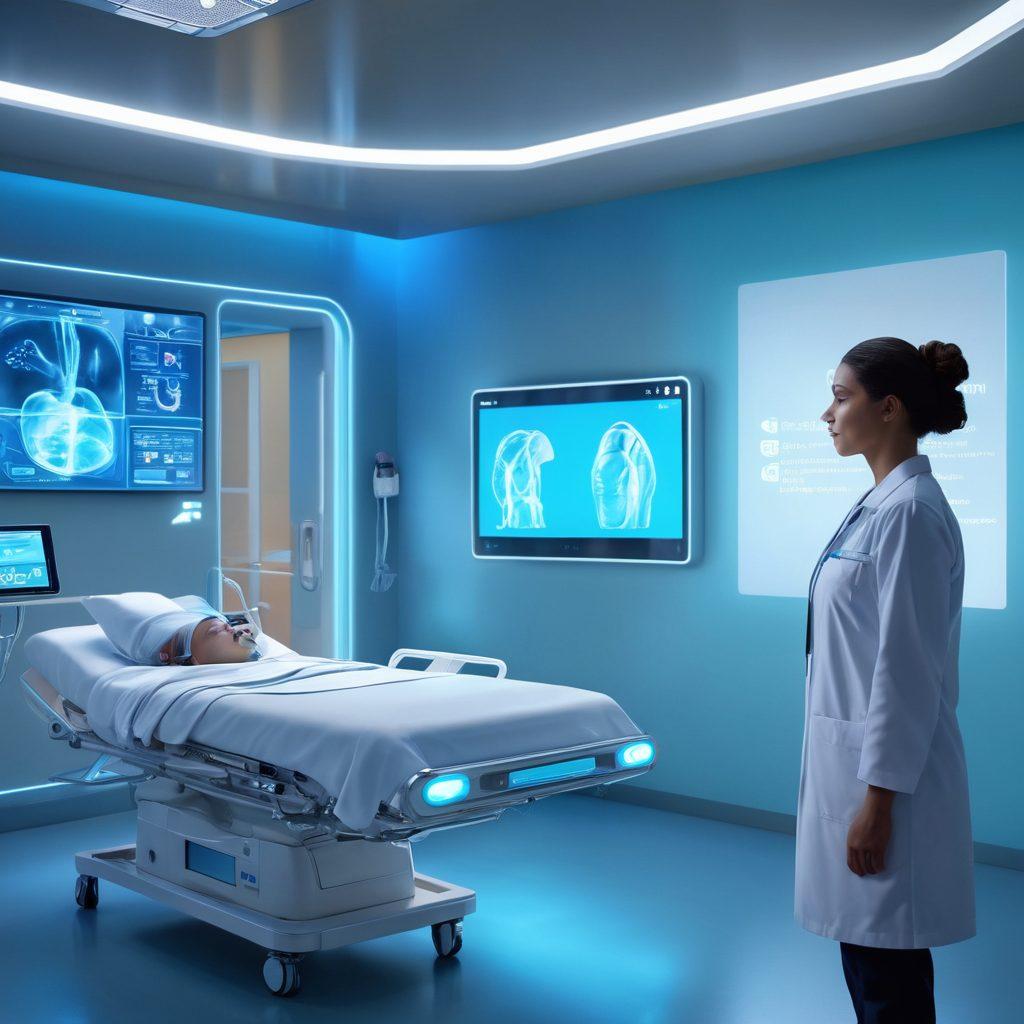 A futuristic healthcare setting showcasing advanced technology in patient care, featuring a holographic medical interface, smart wearable devices, and a compassionate healthcare professional interacting with a patient. The background includes a sleek, modern hospital environment with soft blue lighting and digital health records displayed. Emphasize a sense of innovation and warmth in the atmosphere. super-realistic. vibrant colors. high-tech ambiance.