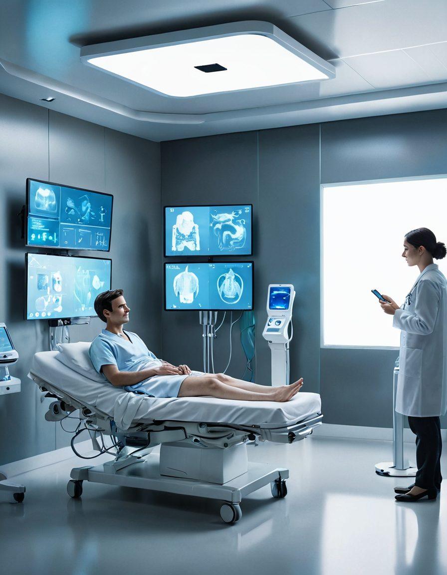 A futuristic hospital scene showcasing advanced medical technology, with a robotic caretaker assisting a patient in a sleek, modern room filled with holographic health monitors and AI interfaces. Patients and healthcare professionals interact seamlessly with cutting-edge devices, emphasizing a collaborative, innovative environment. Bright, optimistic lighting enhances the scene, symbolizing hope and progress in patient care. super-realistic. vibrant colors.